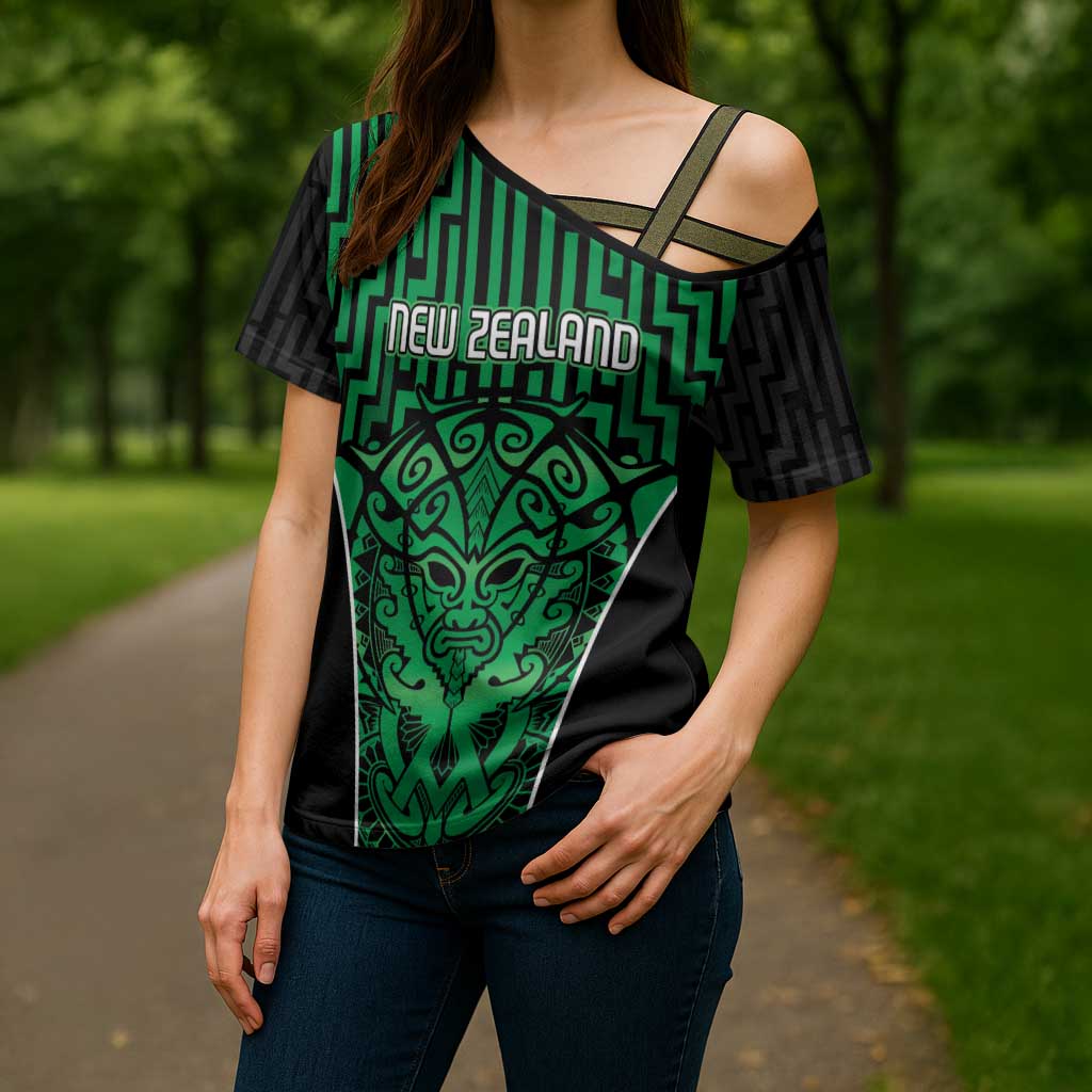 Custom Basketball New Zealand Cross Shoulder Shirt Green Maori Ta Moko Indigenous - Polynesian Pride