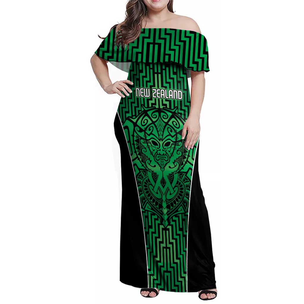 Custom Basketball New Zealand Family Matching Off Shoulder Maxi Dress and Hawaiian Shirt Green Maori Ta Moko Indigenous LT9 Mom's Dress Green - Polynesian Pride