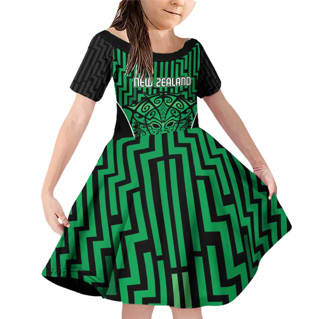 Custom Basketball New Zealand Family Matching Off Shoulder Short Dress and Hawaiian Shirt Green Maori Ta Moko Indigenous LT9 Daughter's Dress Green - Polynesian Pride