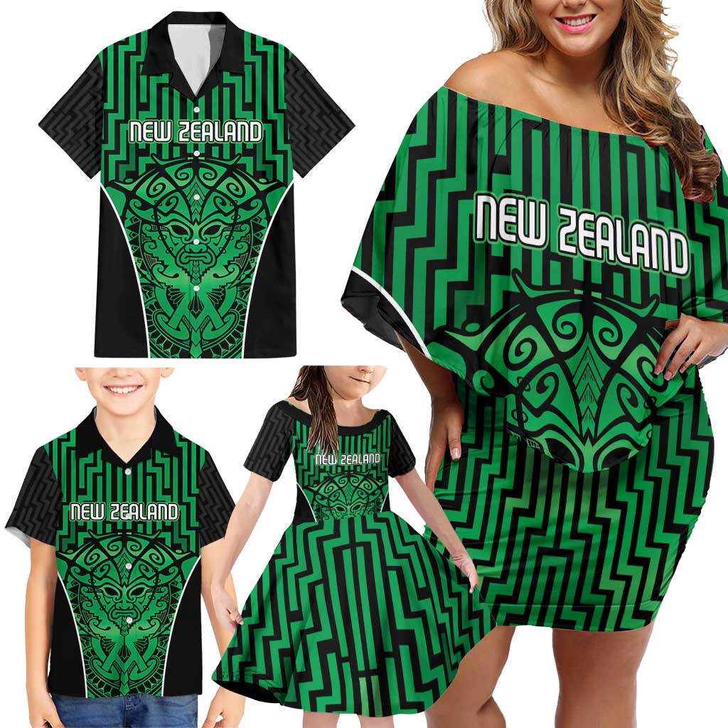 Custom Basketball New Zealand Family Matching Off Shoulder Short Dress and Hawaiian Shirt Green Maori Ta Moko Indigenous - Polynesian Pride