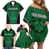 Custom Basketball New Zealand Family Matching Off Shoulder Short Dress and Hawaiian Shirt Green Maori Ta Moko Indigenous LT9 - Polynesian Pride