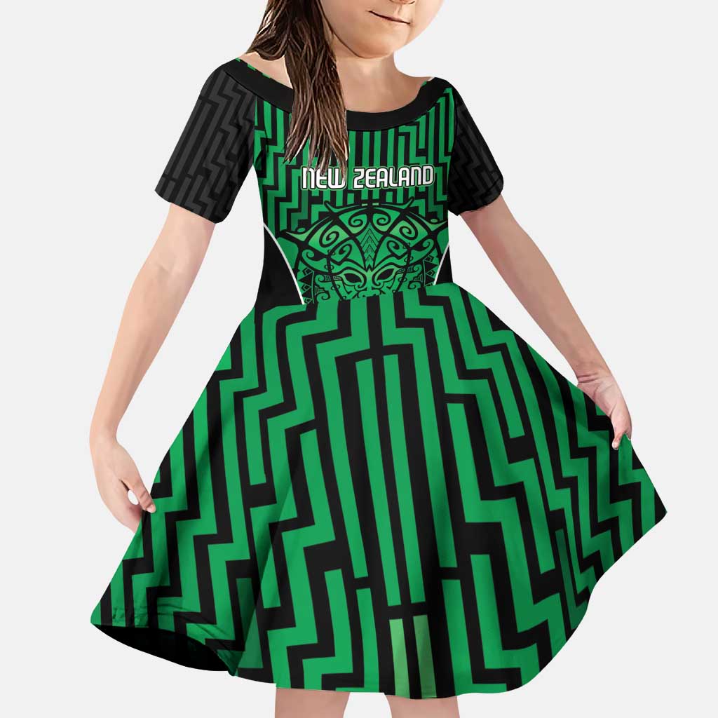 Custom Basketball New Zealand Family Matching Puletasi and Hawaiian Shirt Green Maori Ta Moko Indigenous LT9 Daughter's Dress Green - Polynesian Pride