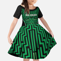 Custom Basketball New Zealand Family Matching Short Sleeve Bodycon Dress and Hawaiian Shirt Green Maori Ta Moko Indigenous LT9 Daughter's Dress Green - Polynesian Pride