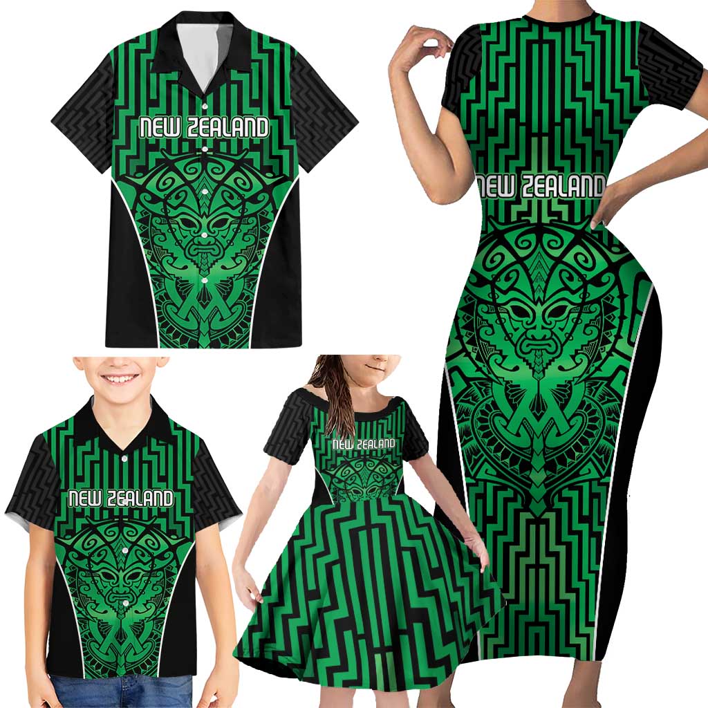 Custom Basketball New Zealand Family Matching Short Sleeve Bodycon Dress and Hawaiian Shirt Green Maori Ta Moko Indigenous LT9 - Polynesian Pride