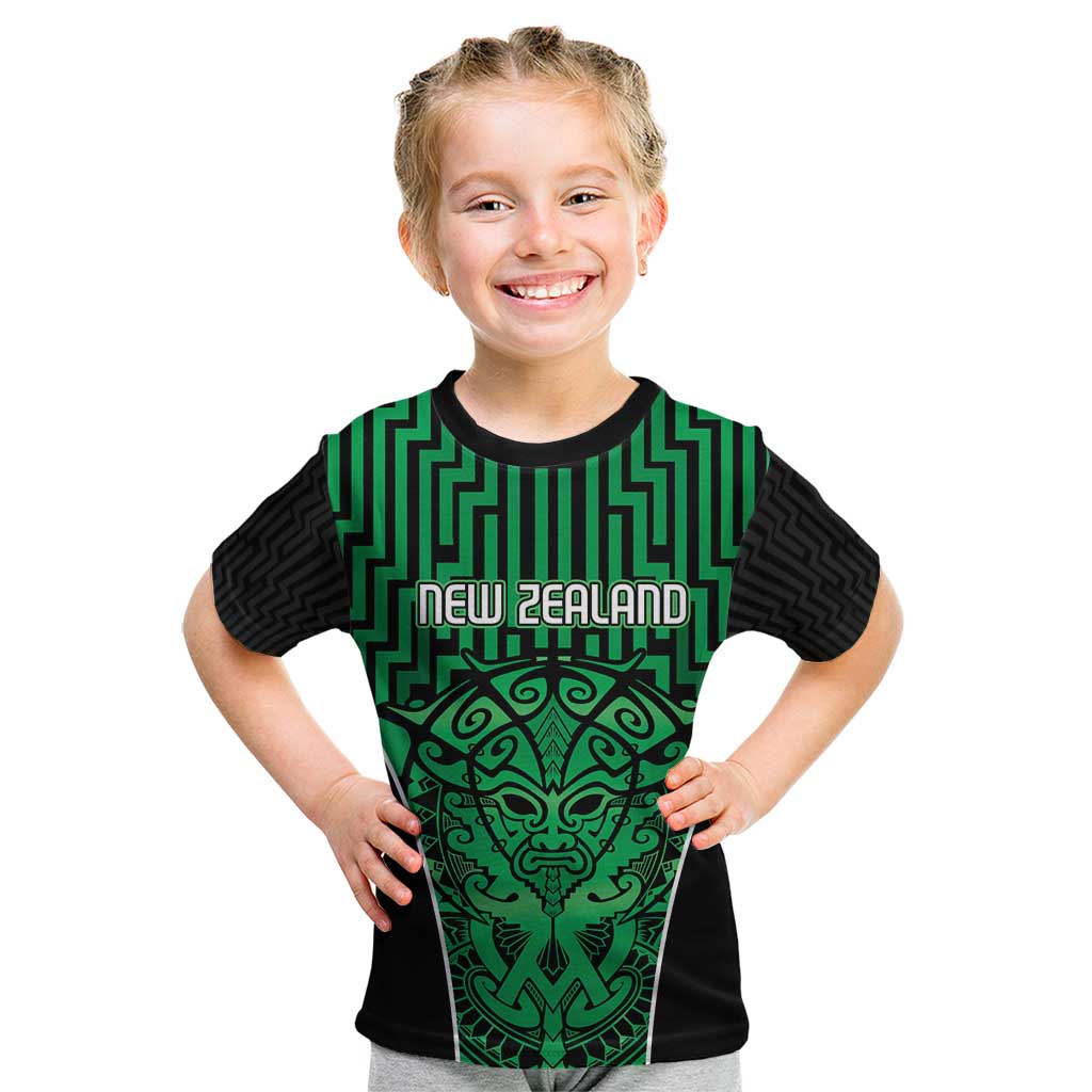 Custom Basketball New Zealand Kid T Shirt Green Maori Ta Moko Indigenous - Polynesian Pride