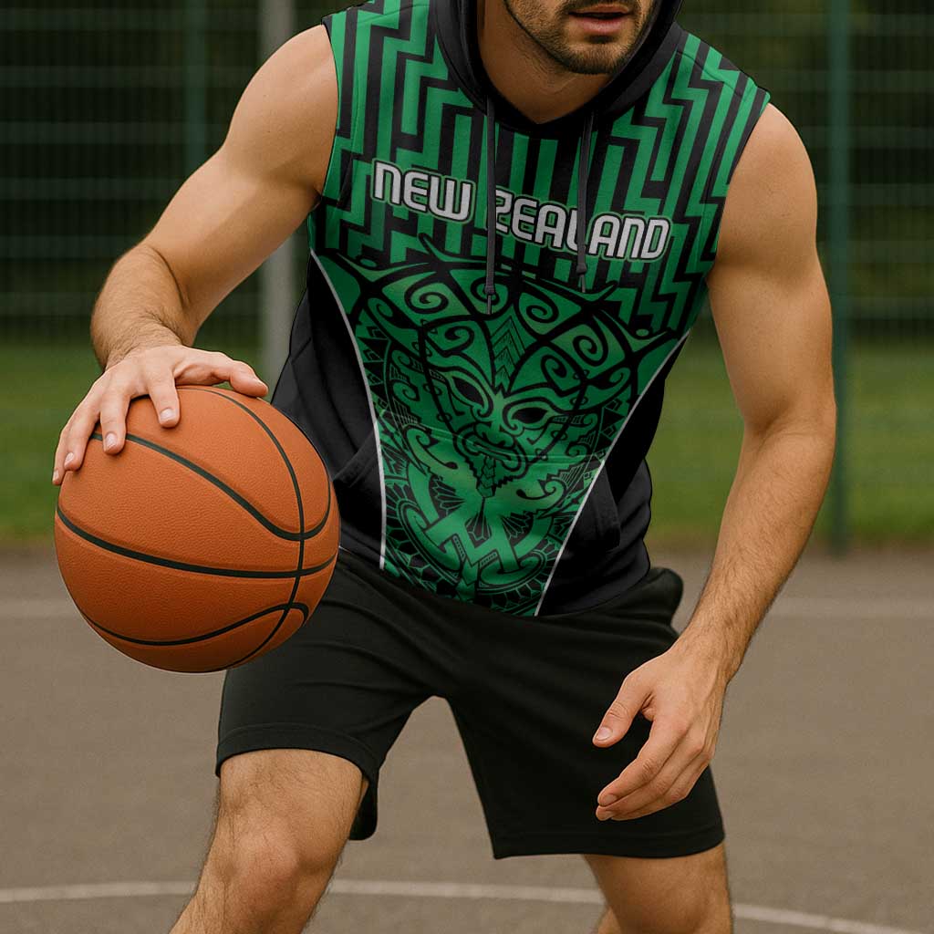 Custom Basketball New Zealand Sleeveless Hoodie Green Maori Ta Moko Indigenous LT9 - Polynesian Pride