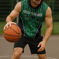 Custom Basketball New Zealand Sleeveless Hoodie Green Maori Ta Moko Indigenous LT9 - Polynesian Pride