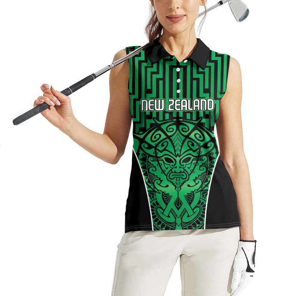 Custom Basketball New Zealand Women Sleeveless Polo Shirt Green Maori Ta Moko Indigenous - Polynesian Pride