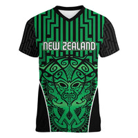 Custom Basketball New Zealand Women V-Neck T-Shirt Green Maori Ta Moko Indigenous - Polynesian Pride