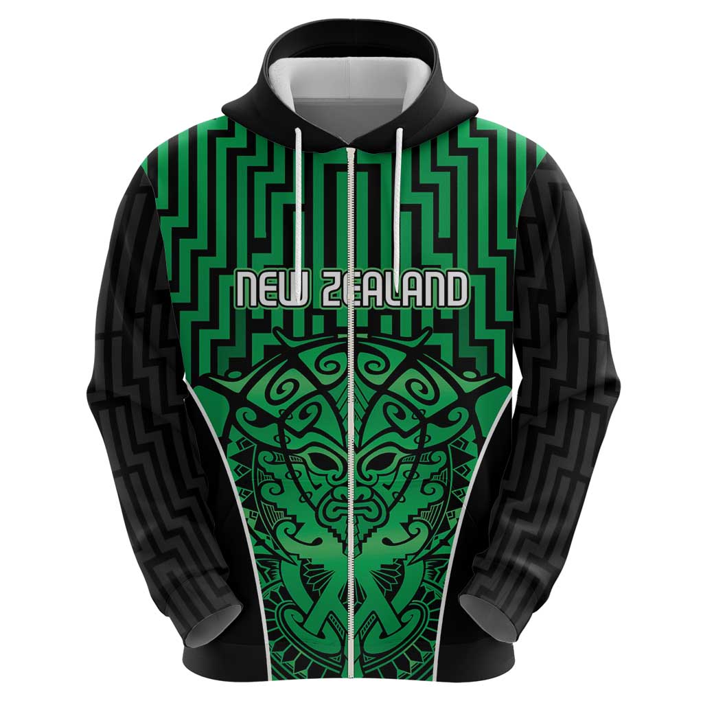 Custom Basketball New Zealand Zip Hoodie Green Maori Ta Moko Indigenous - Polynesian Pride