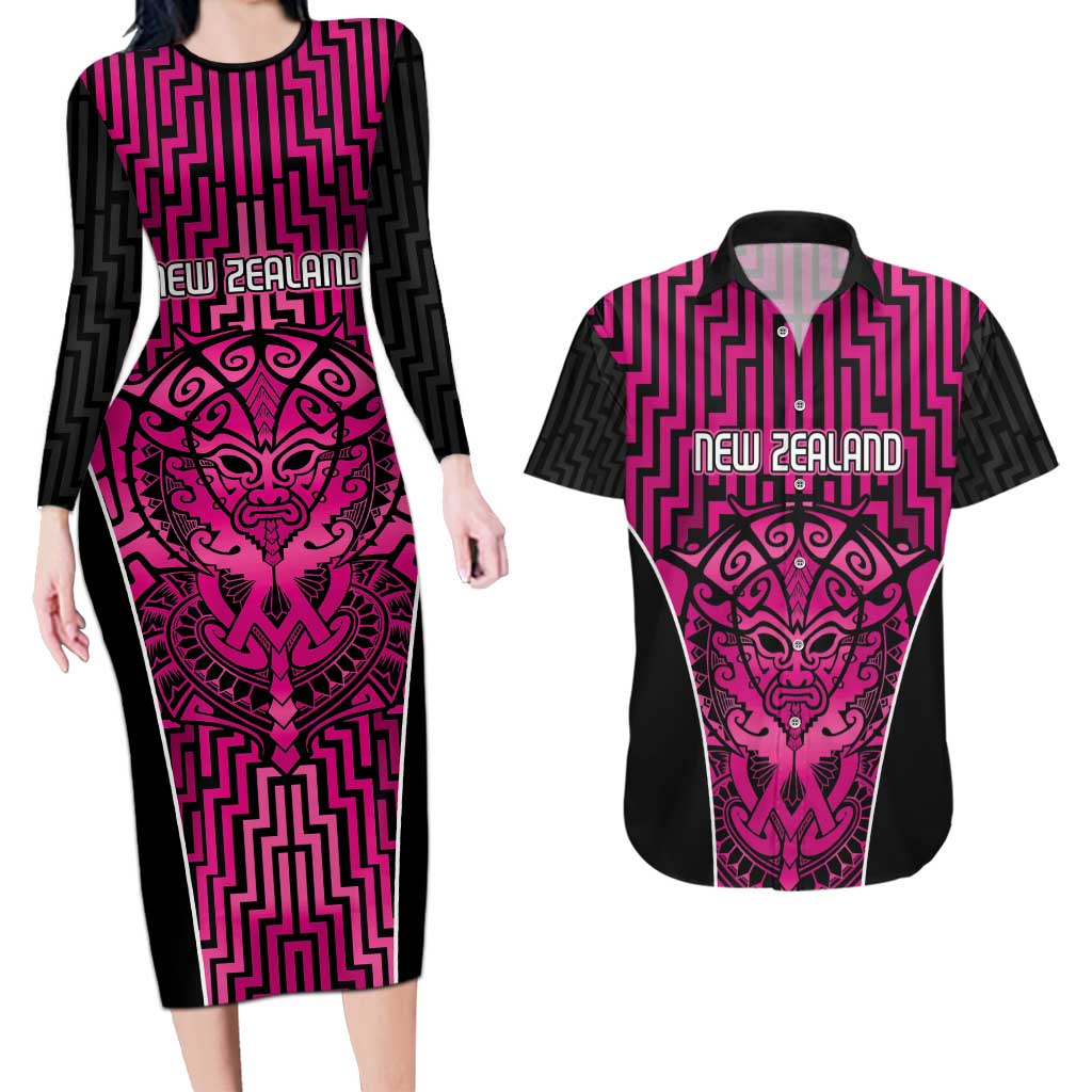 Custom Basketball New Zealand Couples Matching Long Sleeve Bodycon Dress and Hawaiian Shirt Pink Maori Ta Moko Indigenous LT9 Pink - Polynesian Pride