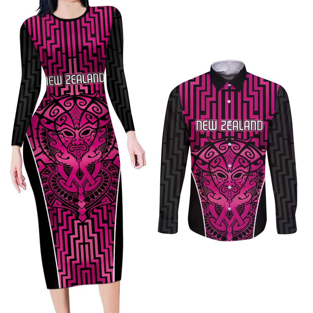 Custom Basketball New Zealand Couples Matching Long Sleeve Bodycon Dress and Long Sleeve Button Shirt Pink Maori Ta Moko Indigenous LT9 Pink - Polynesian Pride