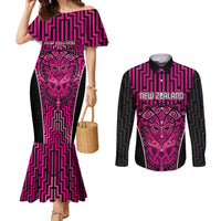 Custom Basketball New Zealand Couples Matching Mermaid Dress and Long Sleeve Button Shirt Pink Maori Ta Moko Indigenous LT9 Pink - Polynesian Pride