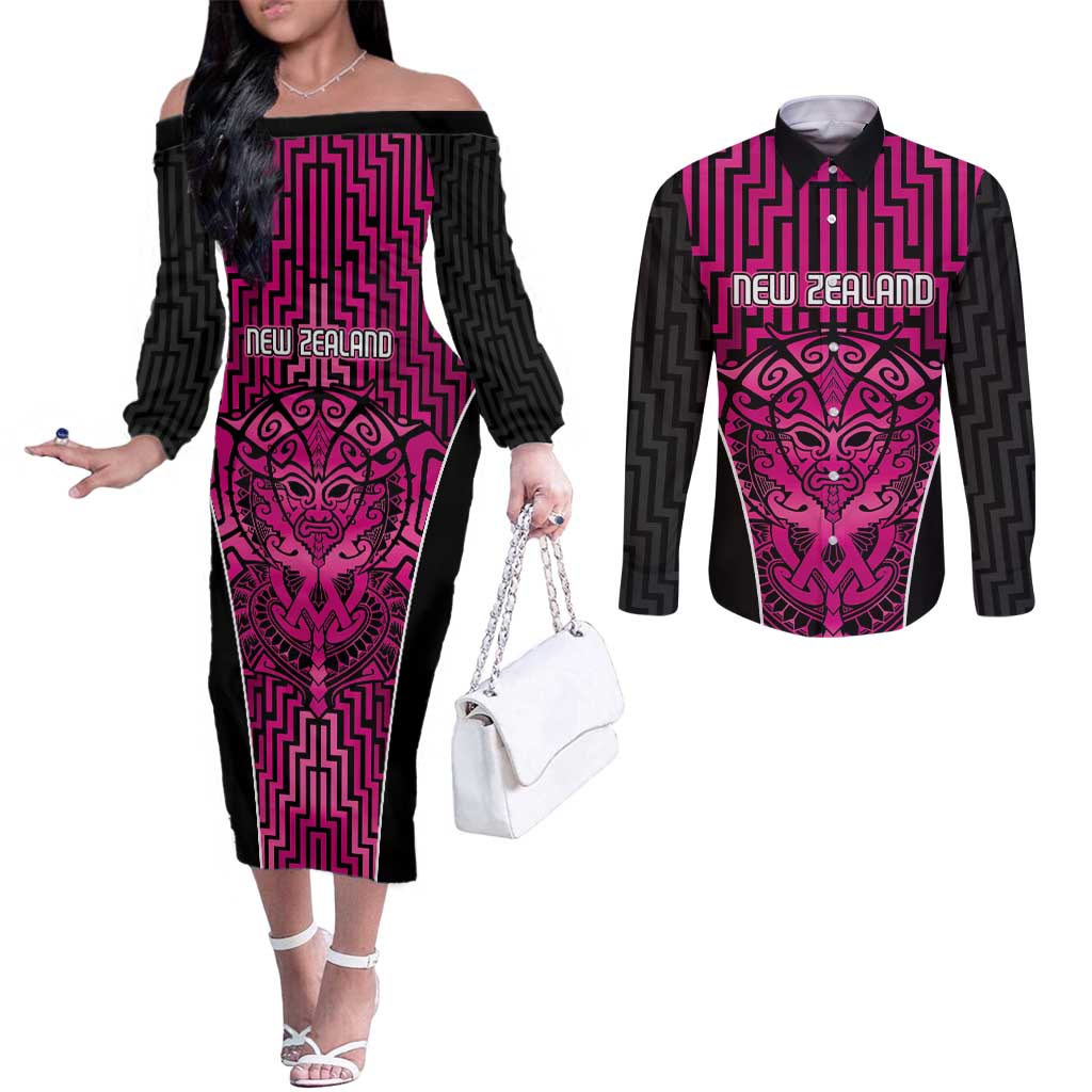 Custom Basketball New Zealand Couples Matching Off The Shoulder Long Sleeve Dress and Long Sleeve Button Shirt Pink Maori Ta Moko Indigenous LT9 Pink - Polynesian Pride