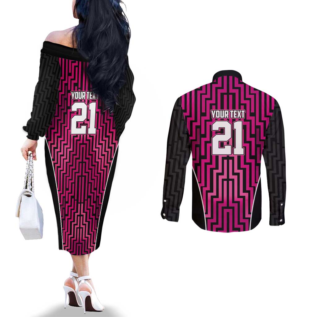 Custom Basketball New Zealand Couples Matching Off The Shoulder Long Sleeve Dress and Long Sleeve Button Shirt Pink Maori Ta Moko Indigenous LT9 - Polynesian Pride