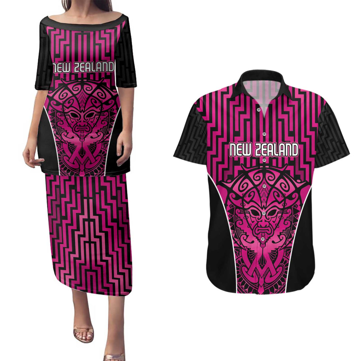 Custom Basketball New Zealand Couples Matching Puletasi and Hawaiian Shirt Pink Maori Ta Moko Indigenous LT9 Pink - Polynesian Pride