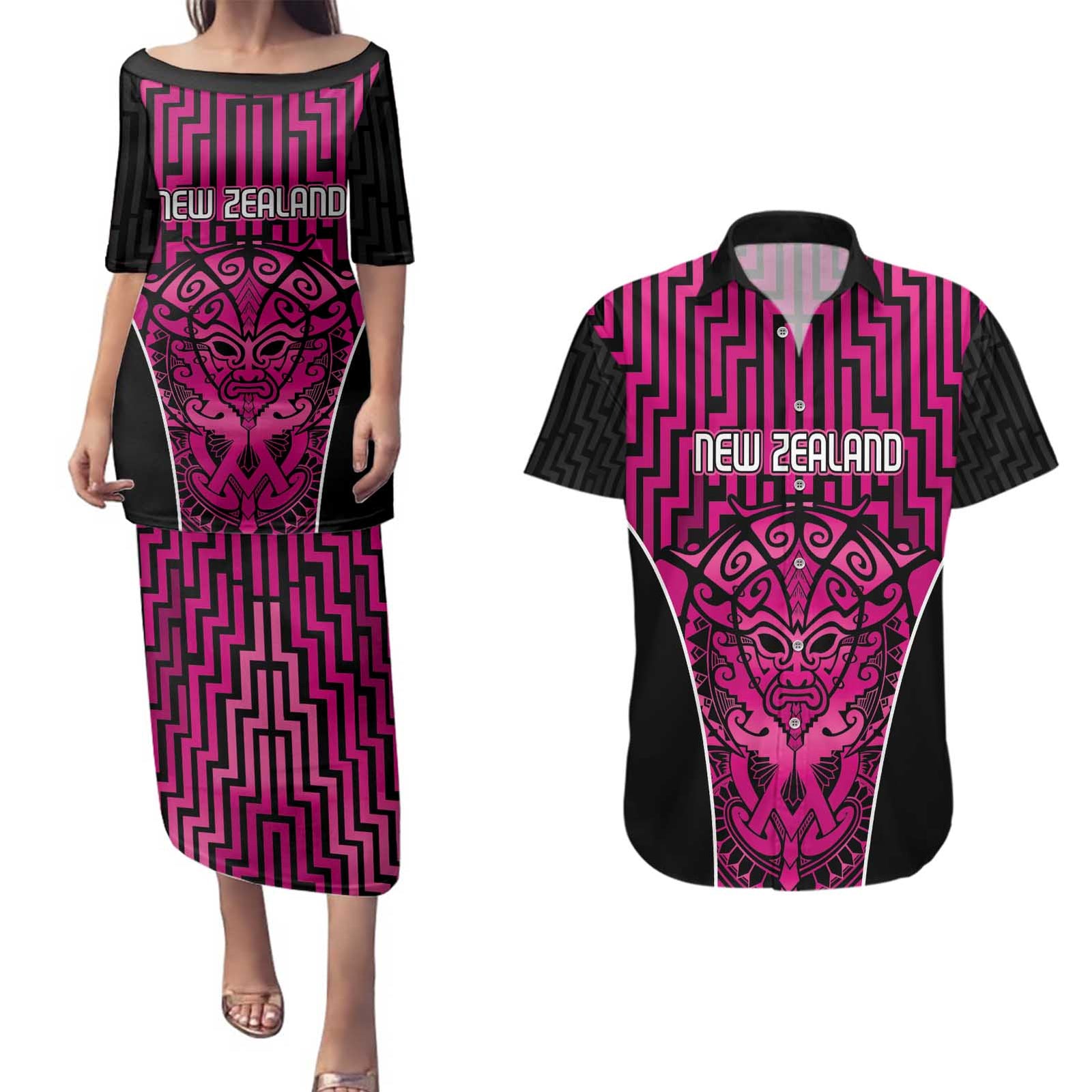 Custom Basketball New Zealand Couples Matching Puletasi and Hawaiian Shirt Pink Maori Ta Moko Indigenous - Polynesian Pride