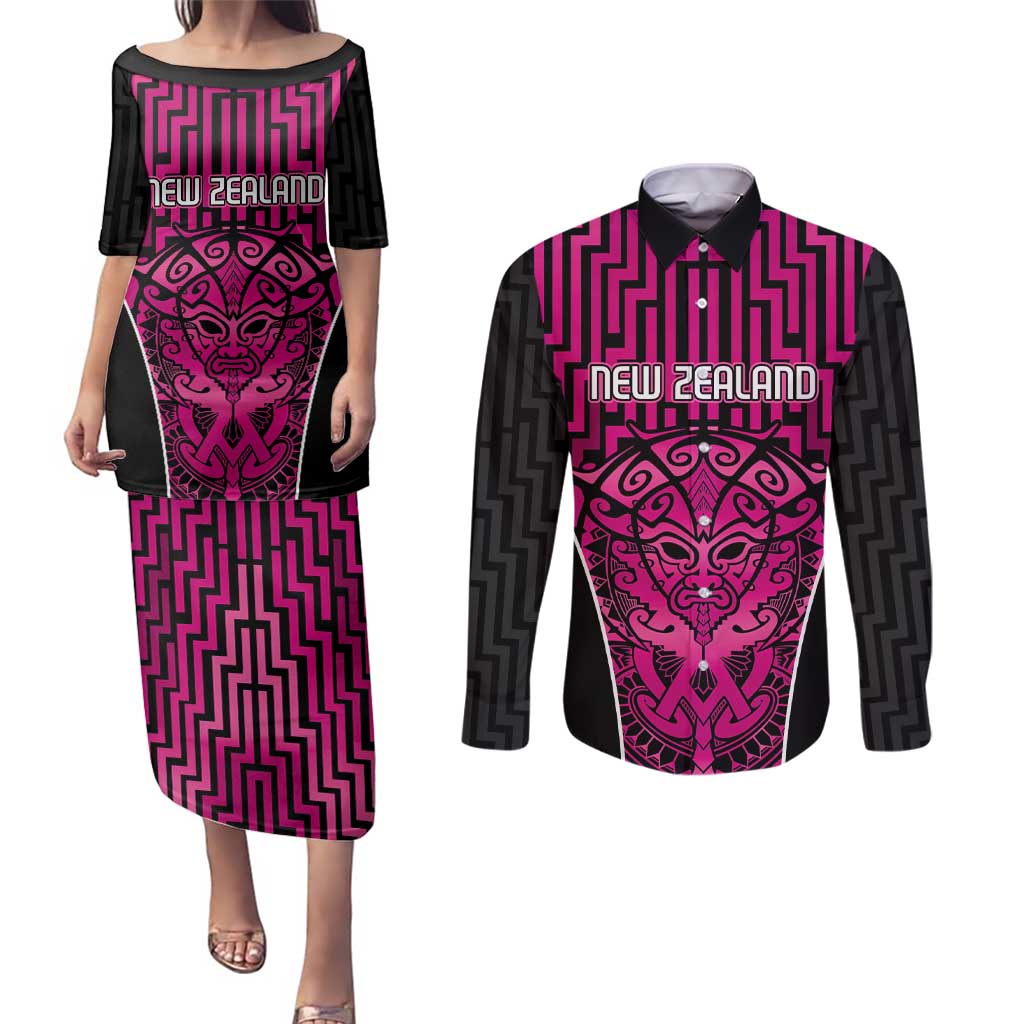 Custom Basketball New Zealand Couples Matching Puletasi and Long Sleeve Button Shirt Pink Maori Ta Moko Indigenous LT9 Pink - Polynesian Pride