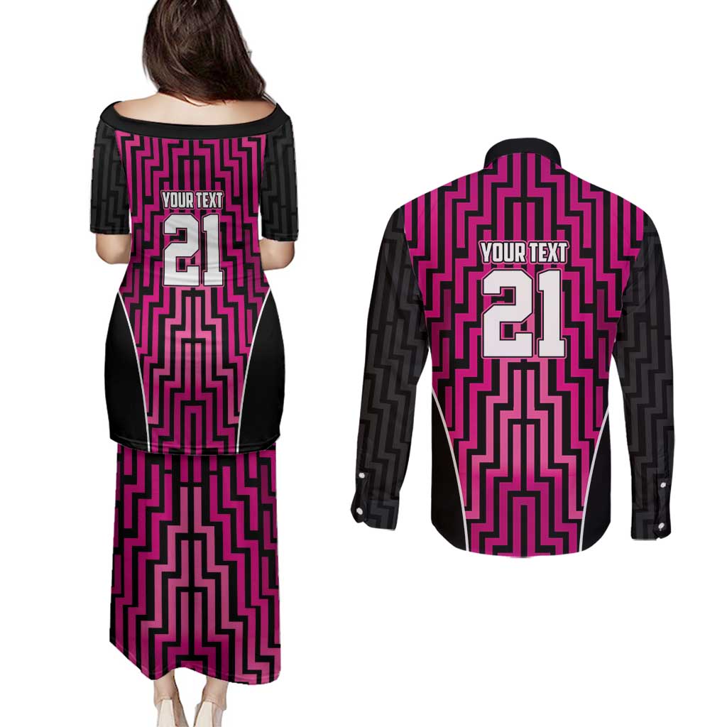 Custom Basketball New Zealand Couples Matching Puletasi and Long Sleeve Button Shirt Pink Maori Ta Moko Indigenous LT9 - Polynesian Pride