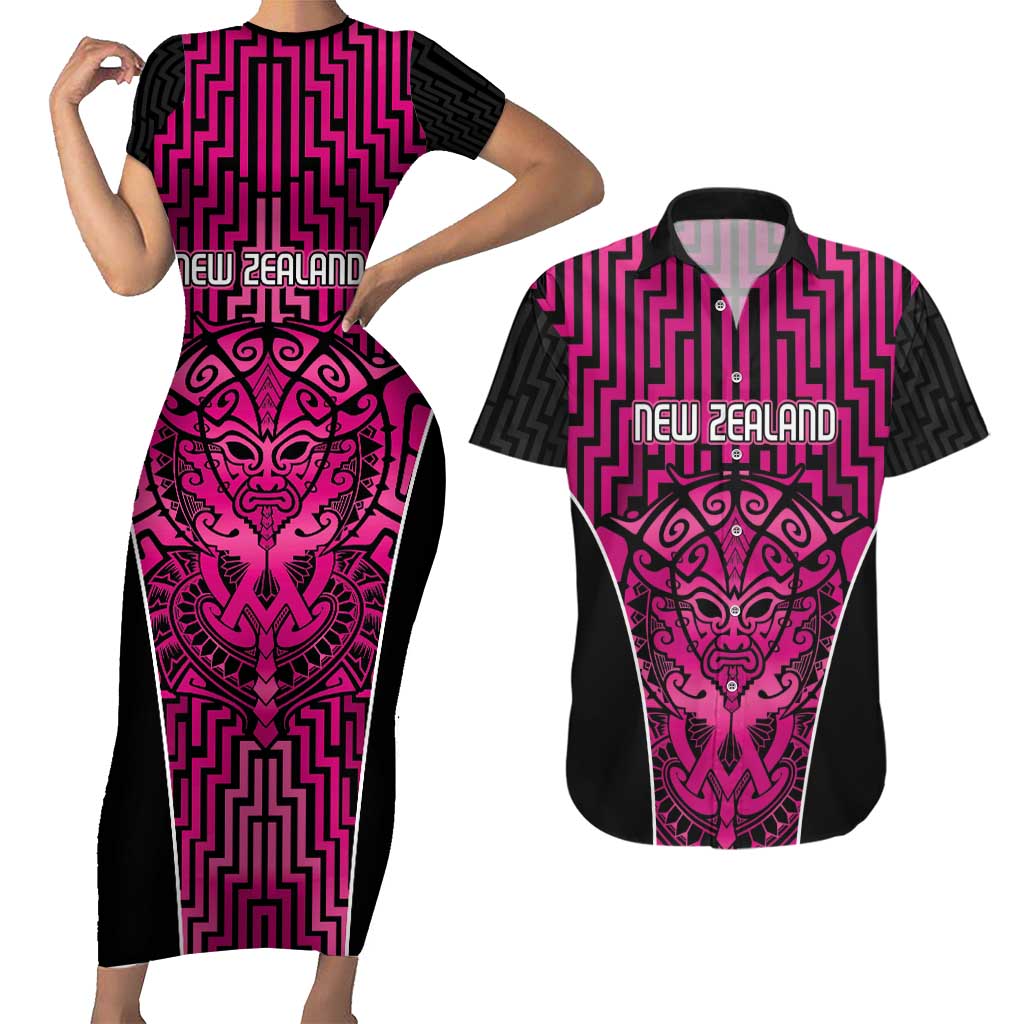 Custom Basketball New Zealand Couples Matching Short Sleeve Bodycon Dress and Hawaiian Shirt Pink Maori Ta Moko Indigenous LT9 Pink - Polynesian Pride