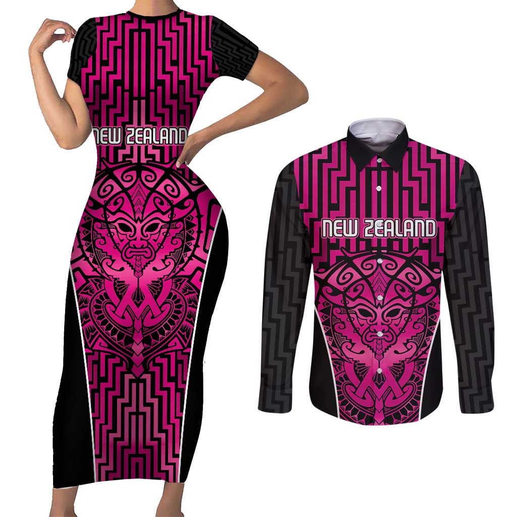 Custom Basketball New Zealand Couples Matching Short Sleeve Bodycon Dress and Long Sleeve Button Shirt Pink Maori Ta Moko Indigenous LT9 Pink - Polynesian Pride