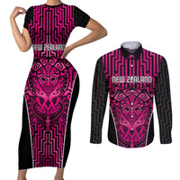 Custom Basketball New Zealand Couples Matching Short Sleeve Bodycon Dress and Long Sleeve Button Shirt Pink Maori Ta Moko Indigenous LT9 Pink - Polynesian Pride