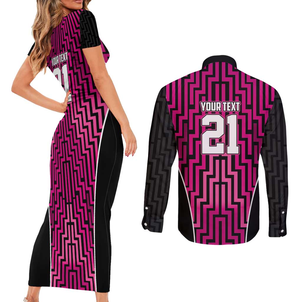 Custom Basketball New Zealand Couples Matching Short Sleeve Bodycon Dress and Long Sleeve Button Shirt Pink Maori Ta Moko Indigenous LT9 - Polynesian Pride