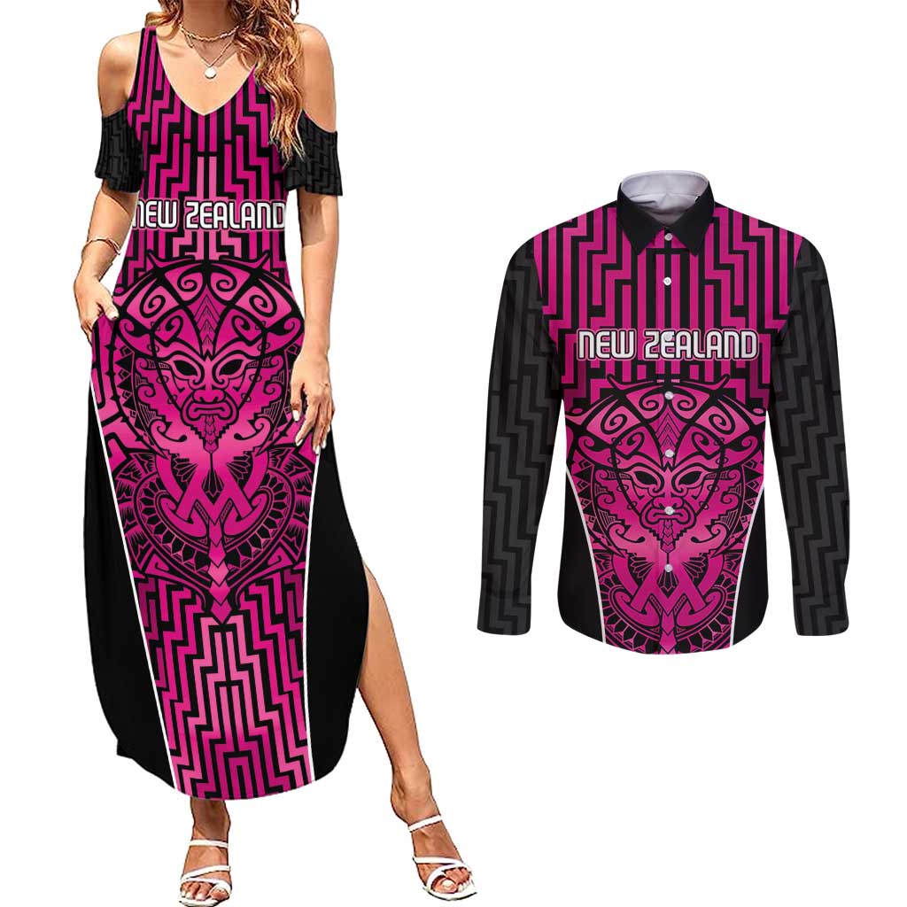 Custom Basketball New Zealand Couples Matching Summer Maxi Dress and Long Sleeve Button Shirt Pink Maori Ta Moko Indigenous - Polynesian Pride