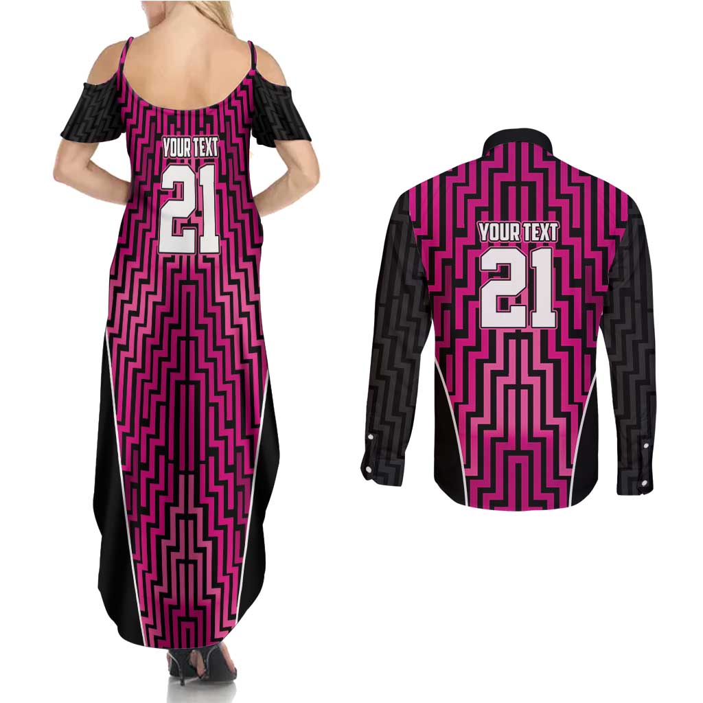 Custom Basketball New Zealand Couples Matching Summer Maxi Dress and Long Sleeve Button Shirt Pink Maori Ta Moko Indigenous LT9 - Polynesian Pride