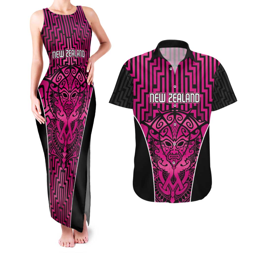 Custom Basketball New Zealand Couples Matching Tank Maxi Dress and Hawaiian Shirt Pink Maori Ta Moko Indigenous LT9 Pink - Polynesian Pride