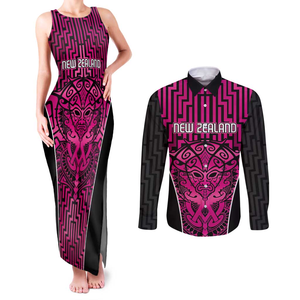 Custom Basketball New Zealand Couples Matching Tank Maxi Dress and Long Sleeve Button Shirt Pink Maori Ta Moko Indigenous LT9 Pink - Polynesian Pride