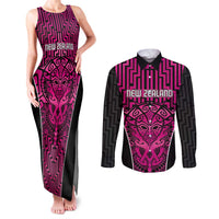 Custom Basketball New Zealand Couples Matching Tank Maxi Dress and Long Sleeve Button Shirt Pink Maori Ta Moko Indigenous LT9 Pink - Polynesian Pride