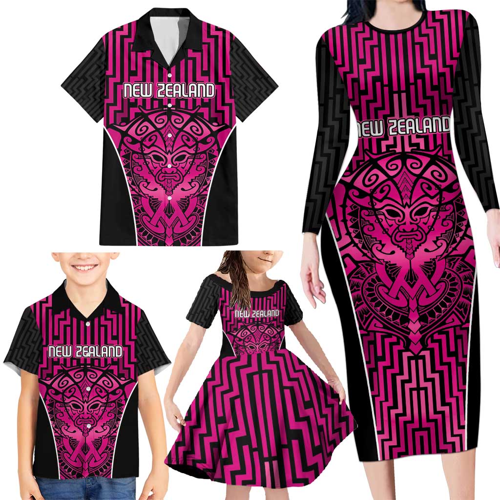 Custom Basketball New Zealand Family Matching Long Sleeve Bodycon Dress and Hawaiian Shirt Pink Maori Ta Moko Indigenous LT9 - Polynesian Pride