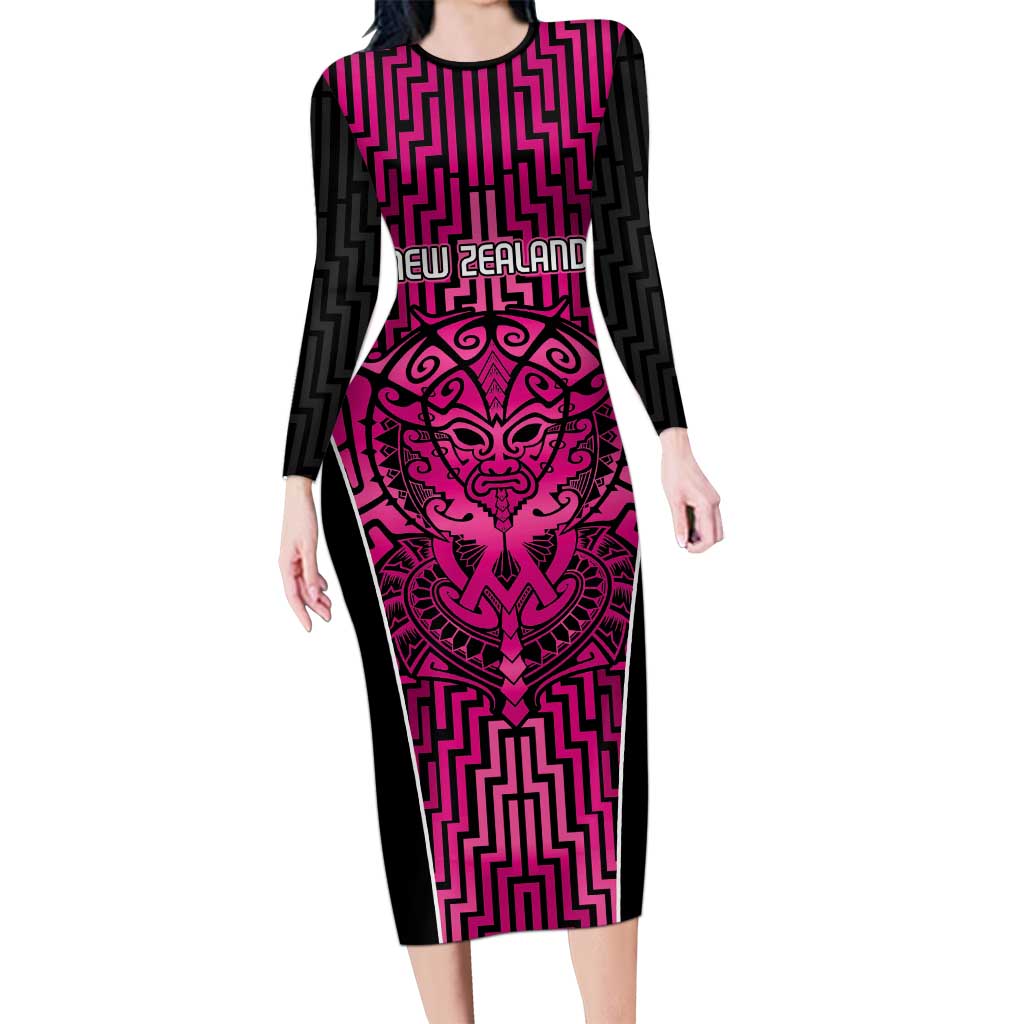 Custom Basketball New Zealand Family Matching Long Sleeve Bodycon Dress and Hawaiian Shirt Pink Maori Ta Moko Indigenous LT9 Mom's Dress Pink - Polynesian Pride