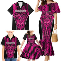 Custom Basketball New Zealand Family Matching Mermaid Dress and Hawaiian Shirt Pink Maori Ta Moko Indigenous LT9 - Polynesian Pride