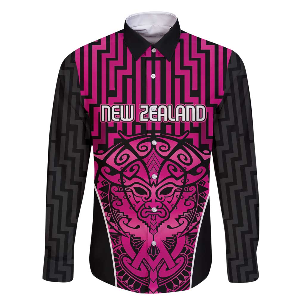 Custom Basketball New Zealand Family Matching Mermaid Dress and Hawaiian Shirt Pink Maori Ta Moko Indigenous LT9 Dad's Shirt - Long Sleeve Pink - Polynesian Pride