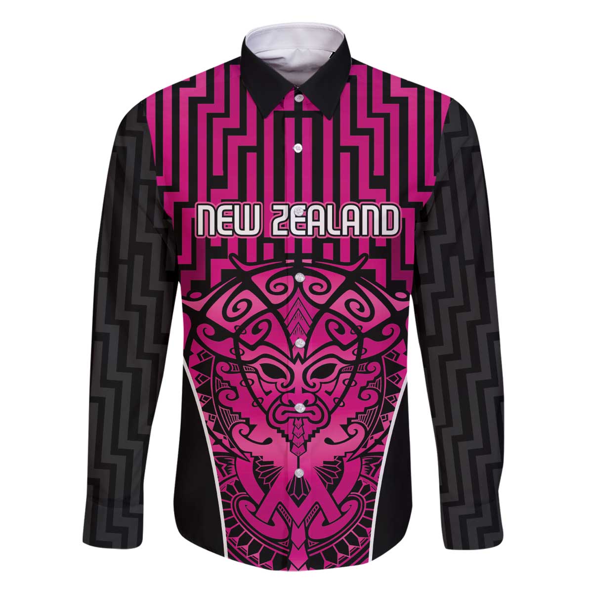 Custom Basketball New Zealand Family Matching Off The Shoulder Long Sleeve Dress and Hawaiian Shirt Pink Maori Ta Moko Indigenous LT9 Dad's Shirt - Long Sleeve Pink - Polynesian Pride