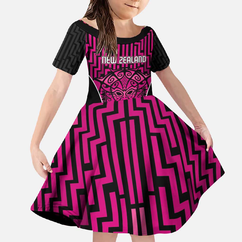 Custom Basketball New Zealand Family Matching Short Sleeve Bodycon Dress and Hawaiian Shirt Pink Maori Ta Moko Indigenous LT9 Daughter's Dress Pink - Polynesian Pride