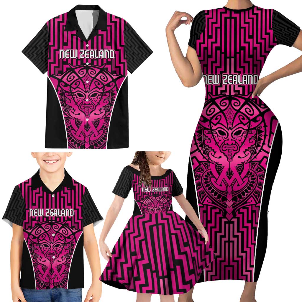 Custom Basketball New Zealand Family Matching Short Sleeve Bodycon Dress and Hawaiian Shirt Pink Maori Ta Moko Indigenous LT9 - Polynesian Pride