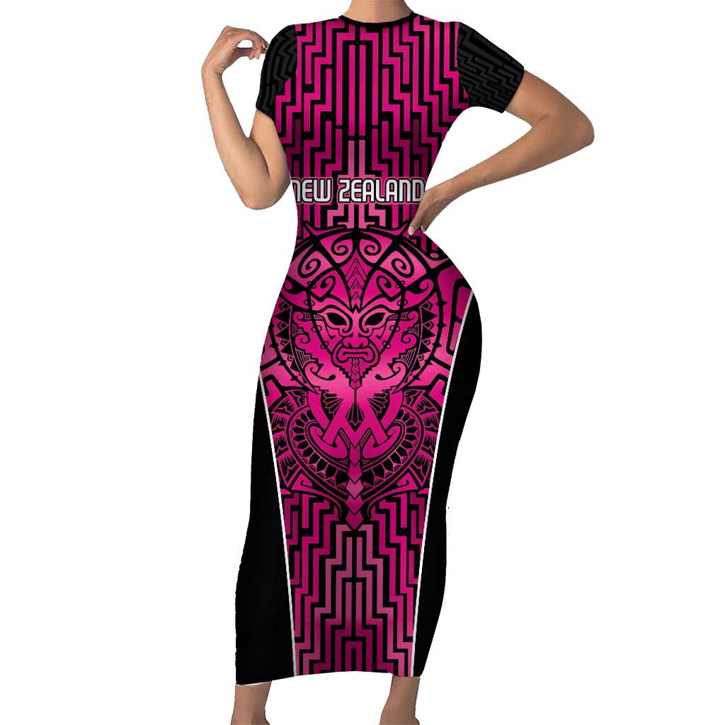 Custom Basketball New Zealand Family Matching Short Sleeve Bodycon Dress and Hawaiian Shirt Pink Maori Ta Moko Indigenous LT9 Mom's Dress Pink - Polynesian Pride