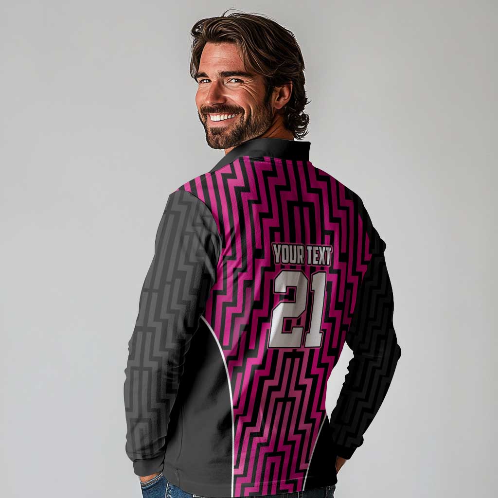 Custom Basketball New Zealand Long Sleeve Polo Shirt Pink Maori Ta Moko Indigenous - Polynesian Pride