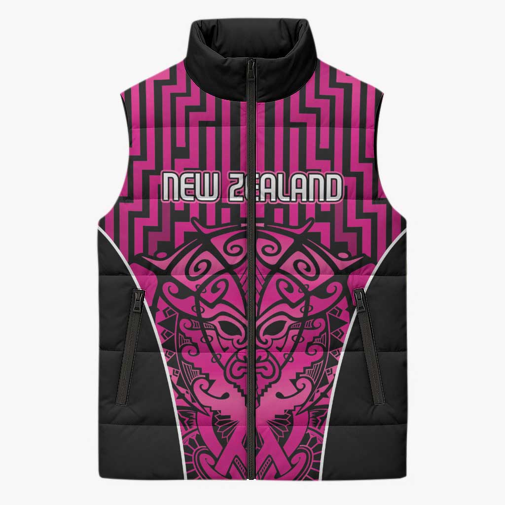 Custom Basketball New Zealand Sleeveless Puffer Jacket Pink Maori Ta Moko Indigenous - Polynesian Pride