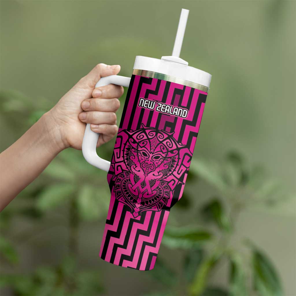 Custom Basketball New Zealand Tumbler With Handle Pink Maori Ta Moko Indigenous - Polynesian Pride