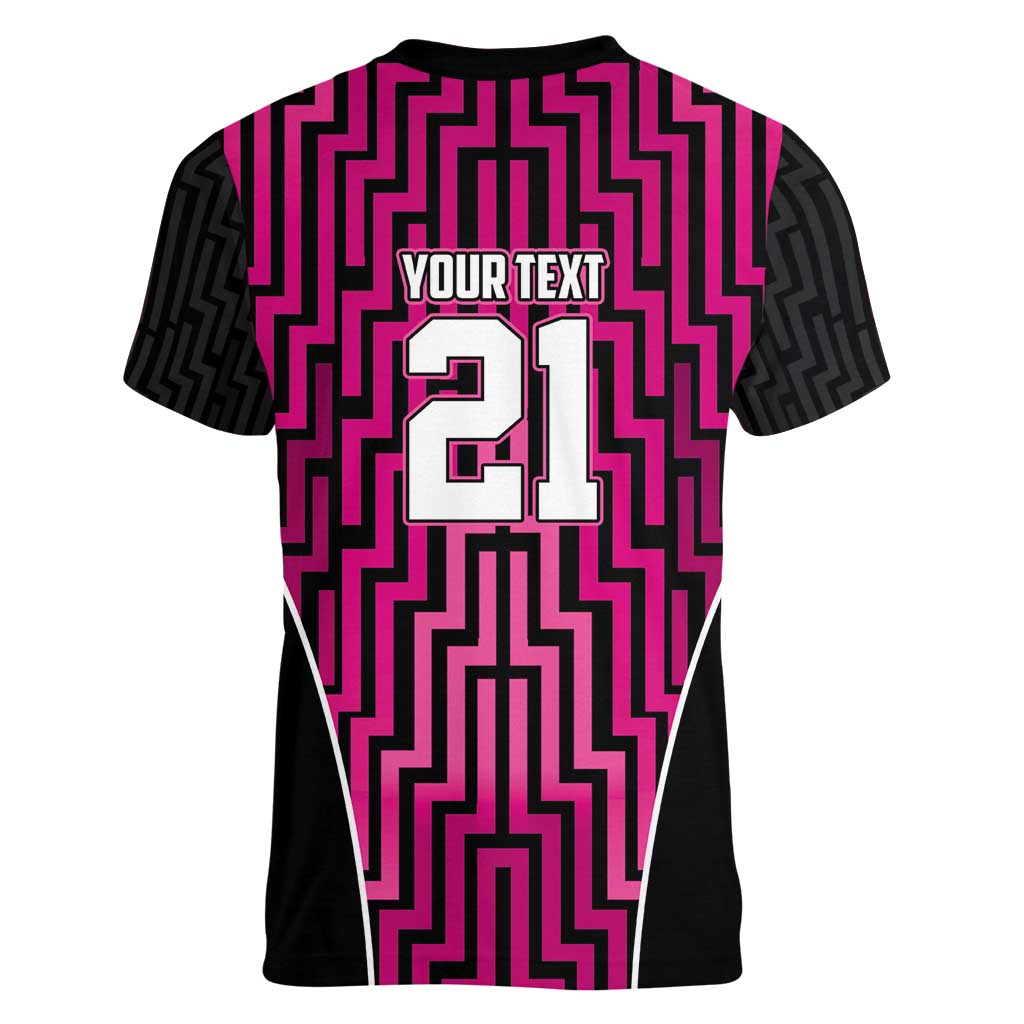 Custom Basketball New Zealand Women V-Neck T-Shirt Pink Maori Ta Moko Indigenous - Polynesian Pride