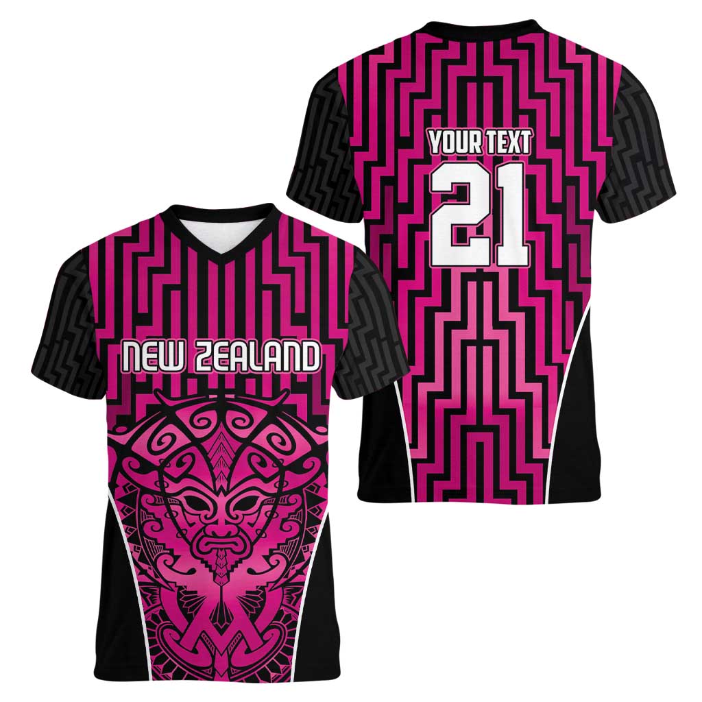 Custom Basketball New Zealand Women V-Neck T-Shirt Pink Maori Ta Moko Indigenous - Polynesian Pride