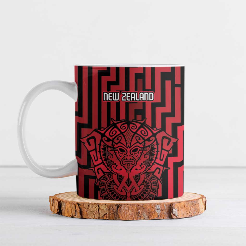 Custom Basketball New Zealand Ceramic Mug Red Maori Ta Moko Indigenous - Polynesian Pride