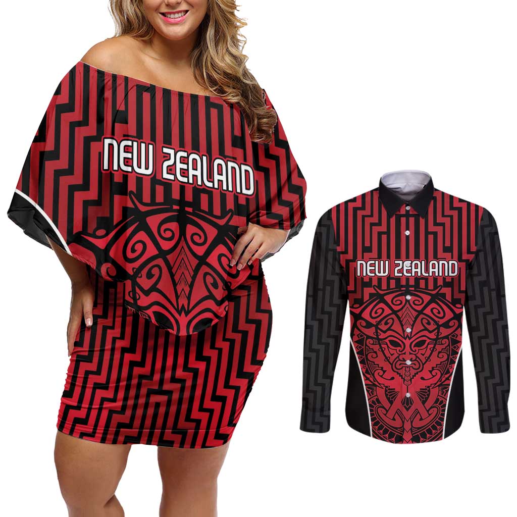 Custom Basketball New Zealand Couples Matching Off Shoulder Short Dress and Long Sleeve Button Shirt Red Maori Ta Moko Indigenous - Polynesian Pride