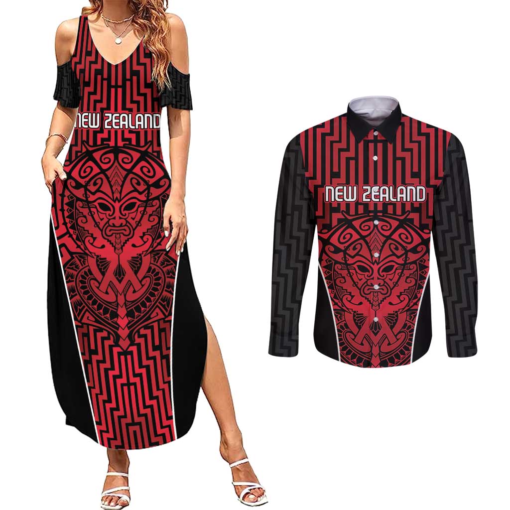 Custom Basketball New Zealand Couples Matching Summer Maxi Dress and Long Sleeve Button Shirt Red Maori Ta Moko Indigenous - Polynesian Pride