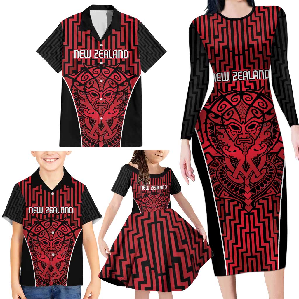 Custom Basketball New Zealand Family Matching Long Sleeve Bodycon Dress and Hawaiian Shirt Red Maori Ta Moko Indigenous - Polynesian Pride