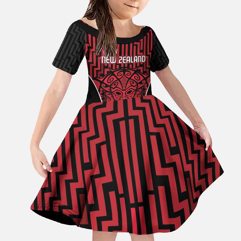 Custom Basketball New Zealand Family Matching Mermaid Dress and Hawaiian Shirt Red Maori Ta Moko Indigenous LT9 Daughter's Dress Red - Polynesian Pride